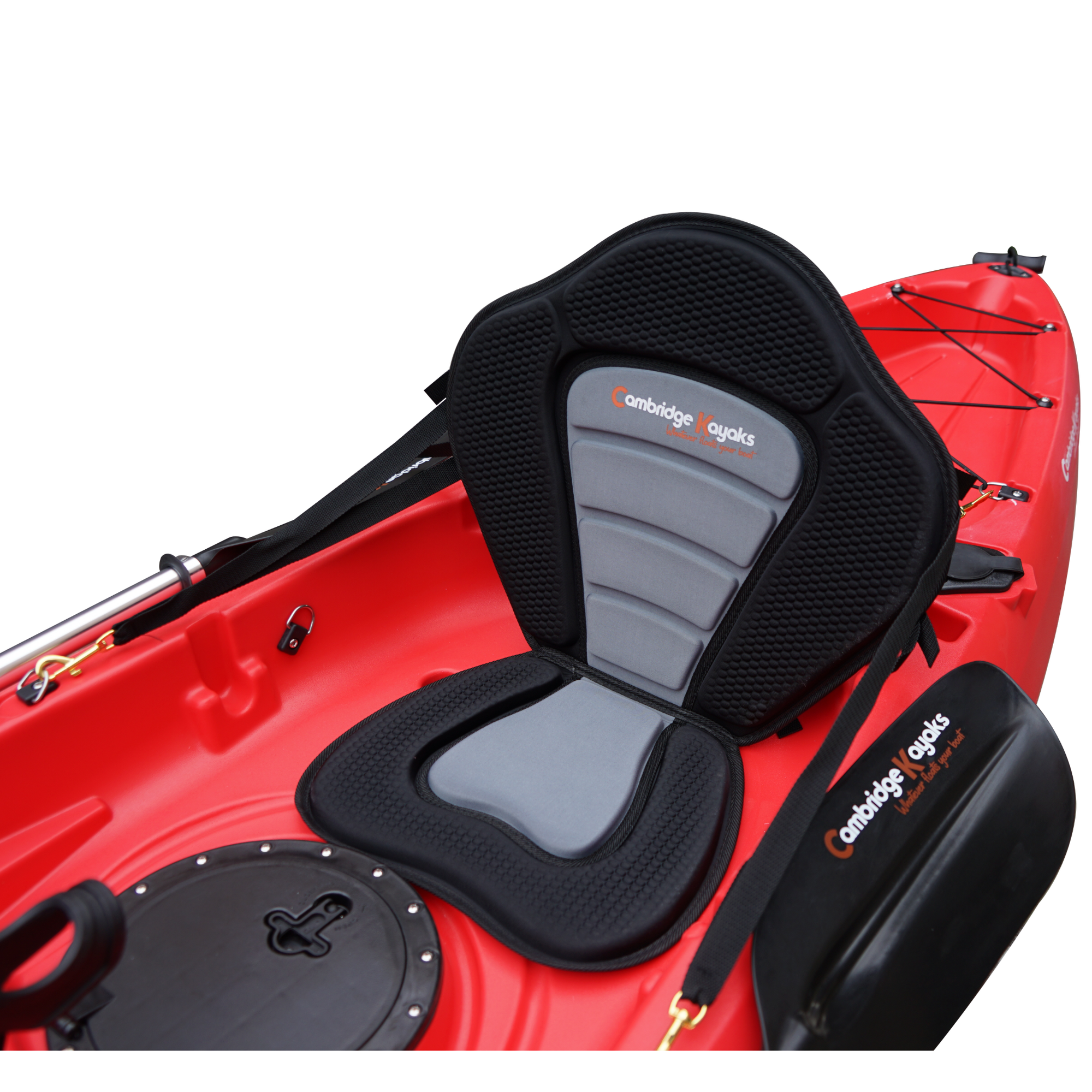 Cambridge Kayaks Sunfish Double Fishing Kayak in red, front bow photo highlighting seating area, storage hatch and paddle clips suitable for UK waters.