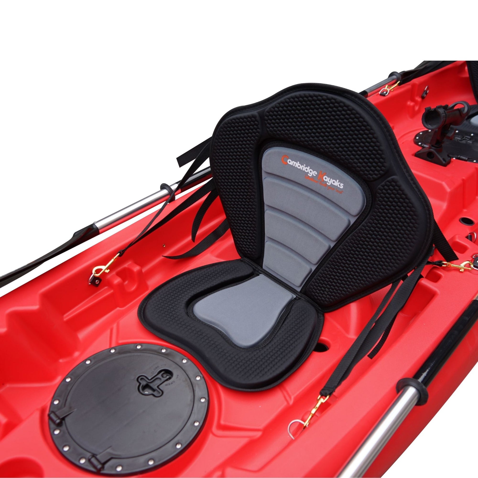 Cambridge Kayaks Sunfish Double Fishing Kayak in red, close-up middeck photo highlighting seat bases, moulded footrests and hatch fittings for UK users.
