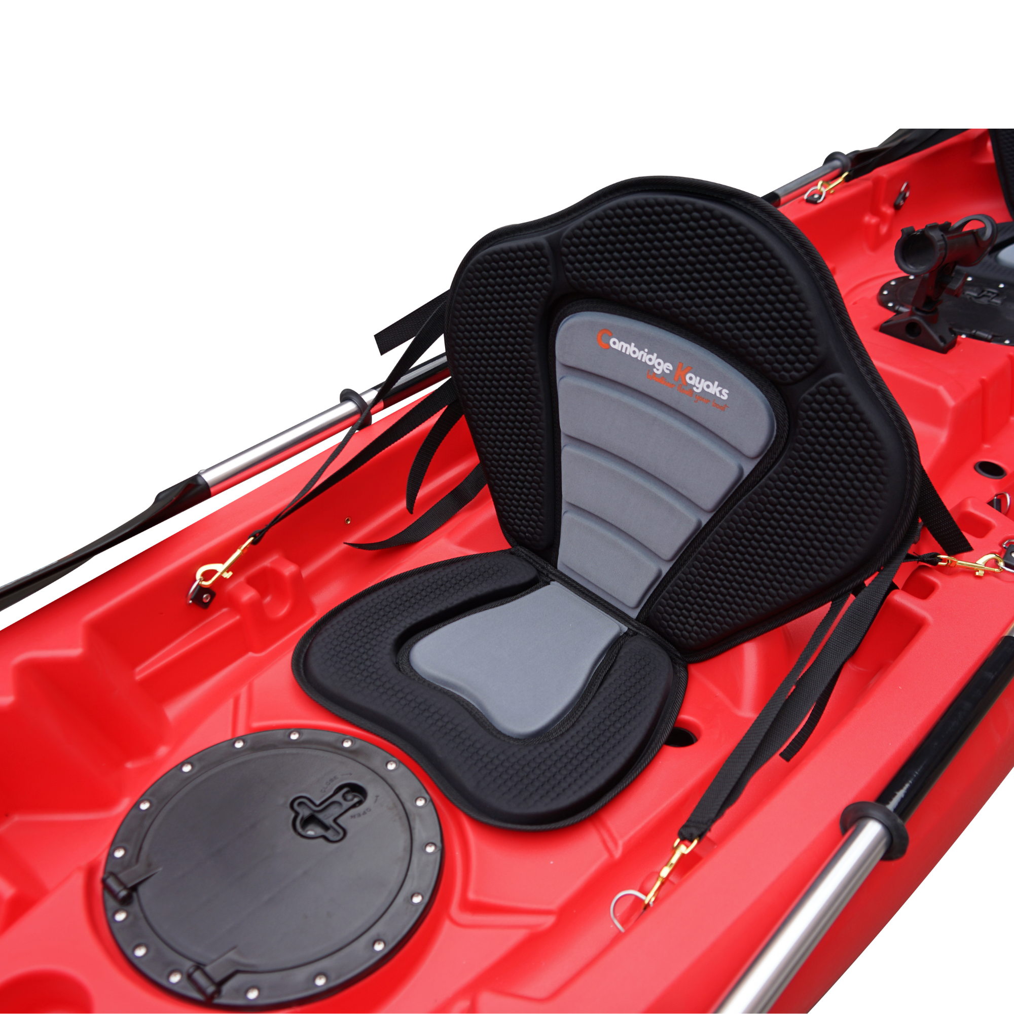 Cambridge Kayaks Sunfish Double Fishing Kayak in red, close-up middeck photo highlighting seat bases, moulded footrests and hatch fittings for UK users.