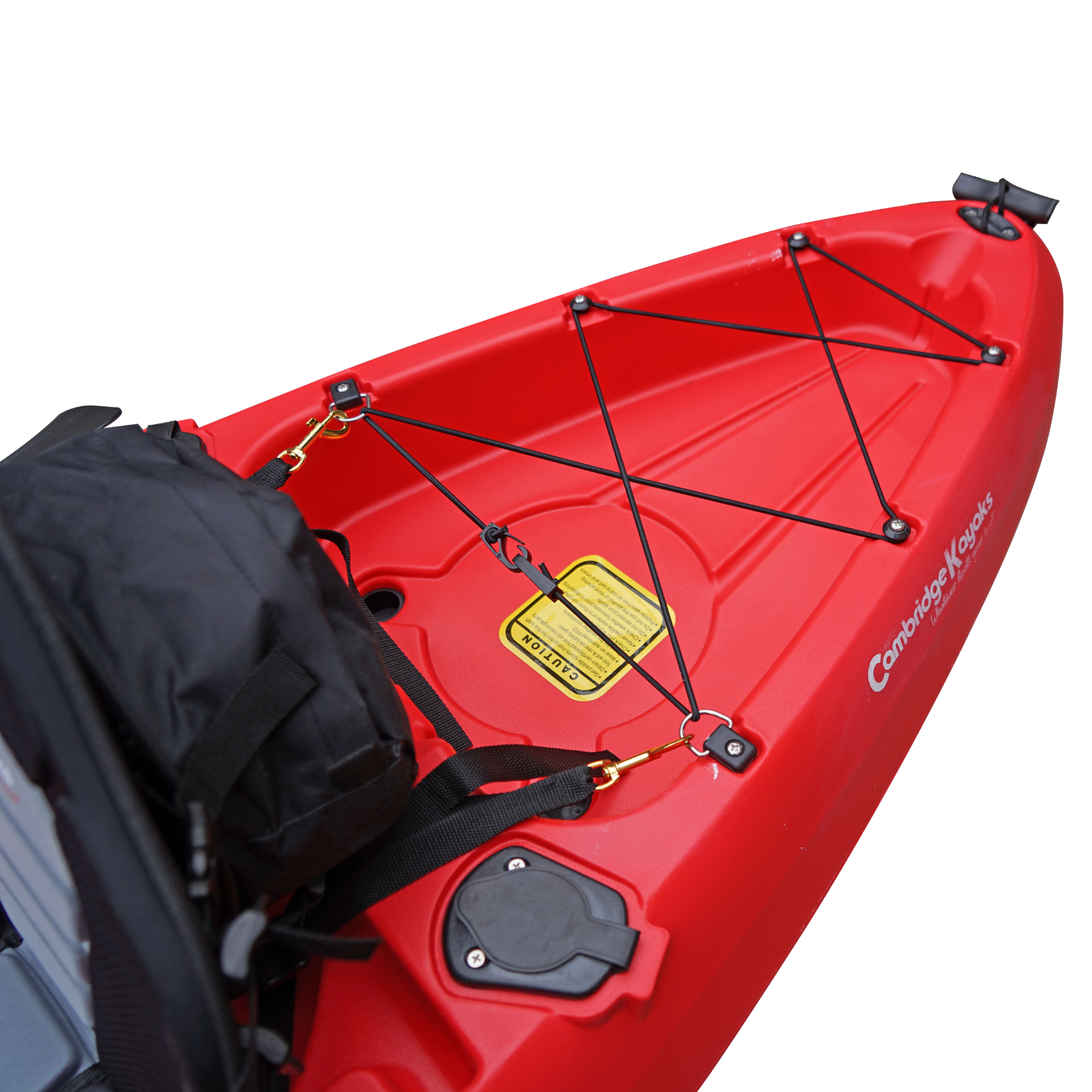Cambridge Kayaks Sunfish Double Fishing Kayak in red finish, top-down view showing complete hull layout, twin seats and storage hatches for UK sea or lake paddling.