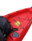 Cambridge Kayaks Sunfish Double Fishing Kayak in red finish, top-down view showing complete hull layout, twin seats and storage hatches for UK sea or lake paddling.