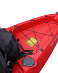 Cambridge Kayaks Sunfish Double Fishing Kayak in red finish, top-down view showing complete hull layout, twin seats and storage hatches for UK sea or lake paddling.