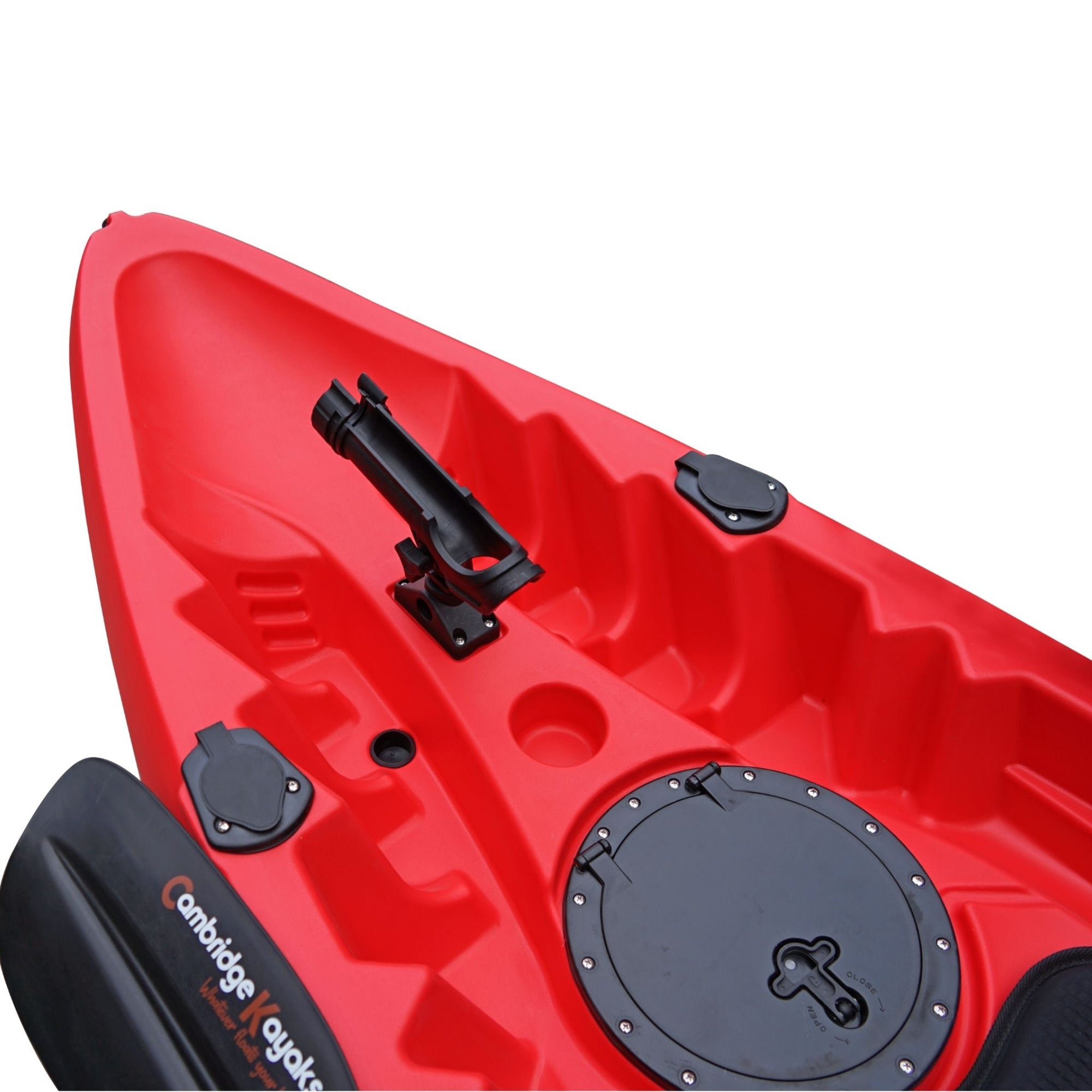 Cambridge Kayaks Sunfish Double Fishing Kayak in red colour, rear-facing angle showing bungee cord cargo area and rear handle for carrying across UK beaches or lakesides.