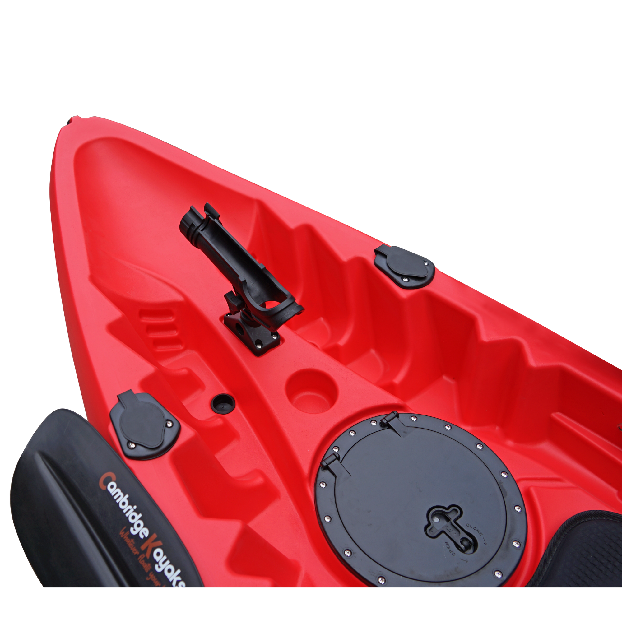 Cambridge Kayaks Sunfish Double Fishing Kayak in red colour, rear-facing angle showing bungee cord cargo area and rear handle for carrying across UK beaches or lakesides.
