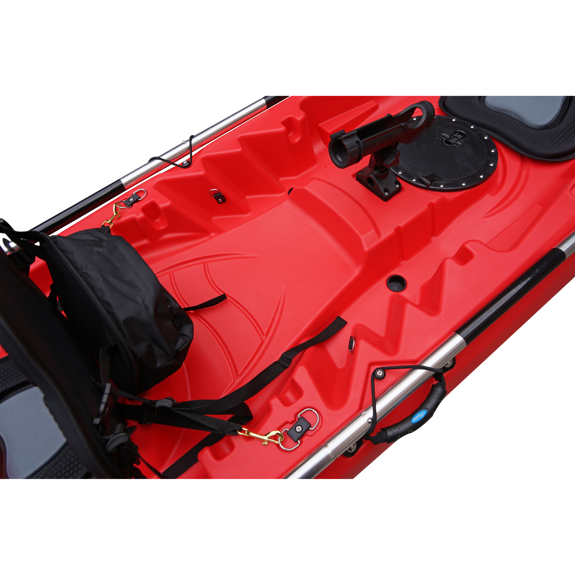 Cambridge Kayaks Sunfish Double Fishing Kayak in red, side image showing hull shape, paddle fixings and drainage plugs for stability in UK kayaking conditions.