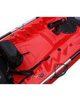Cambridge Kayaks Sunfish Double Fishing Kayak in red, side image showing hull shape, paddle fixings and drainage plugs for stability in UK kayaking conditions.