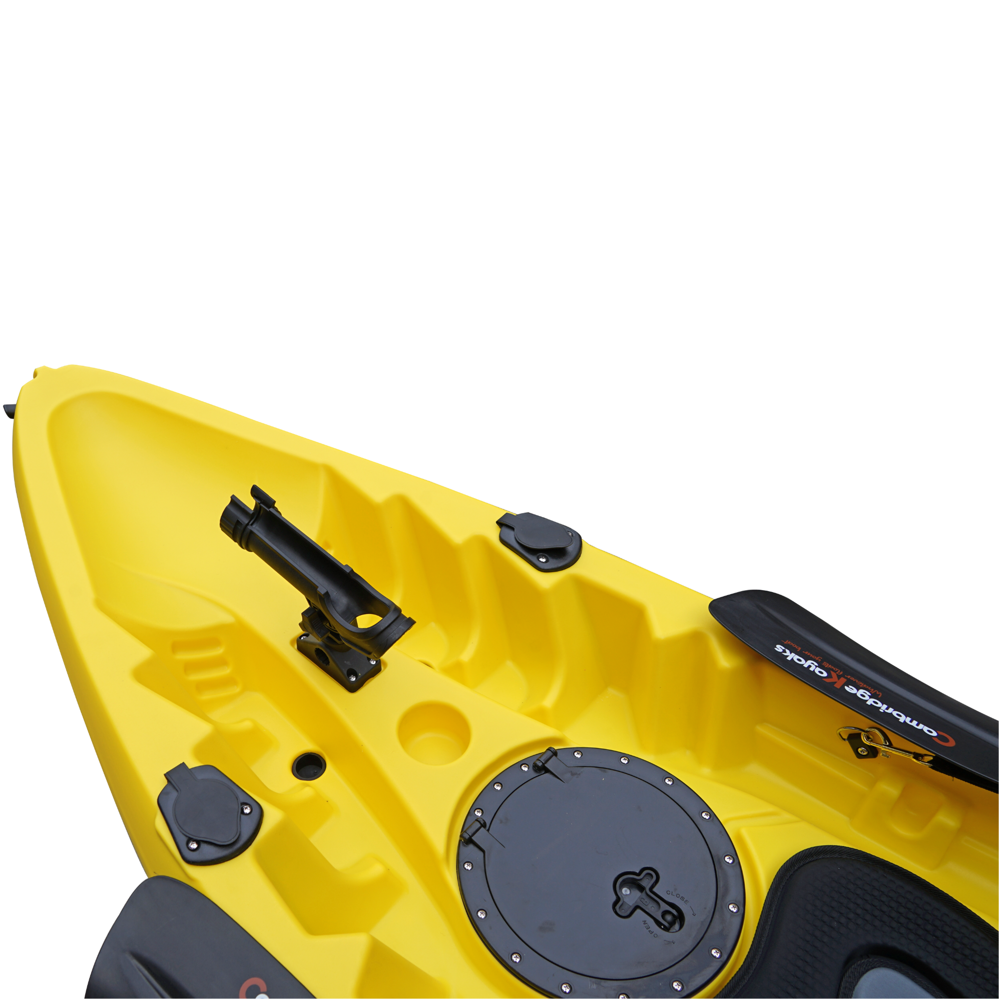 Cambridge Kayaks Sunfish Double Fishing Kayak in yellow colour, angled front photo showing storage hatch, bow handle and seat arrangement for family use around UK shores.