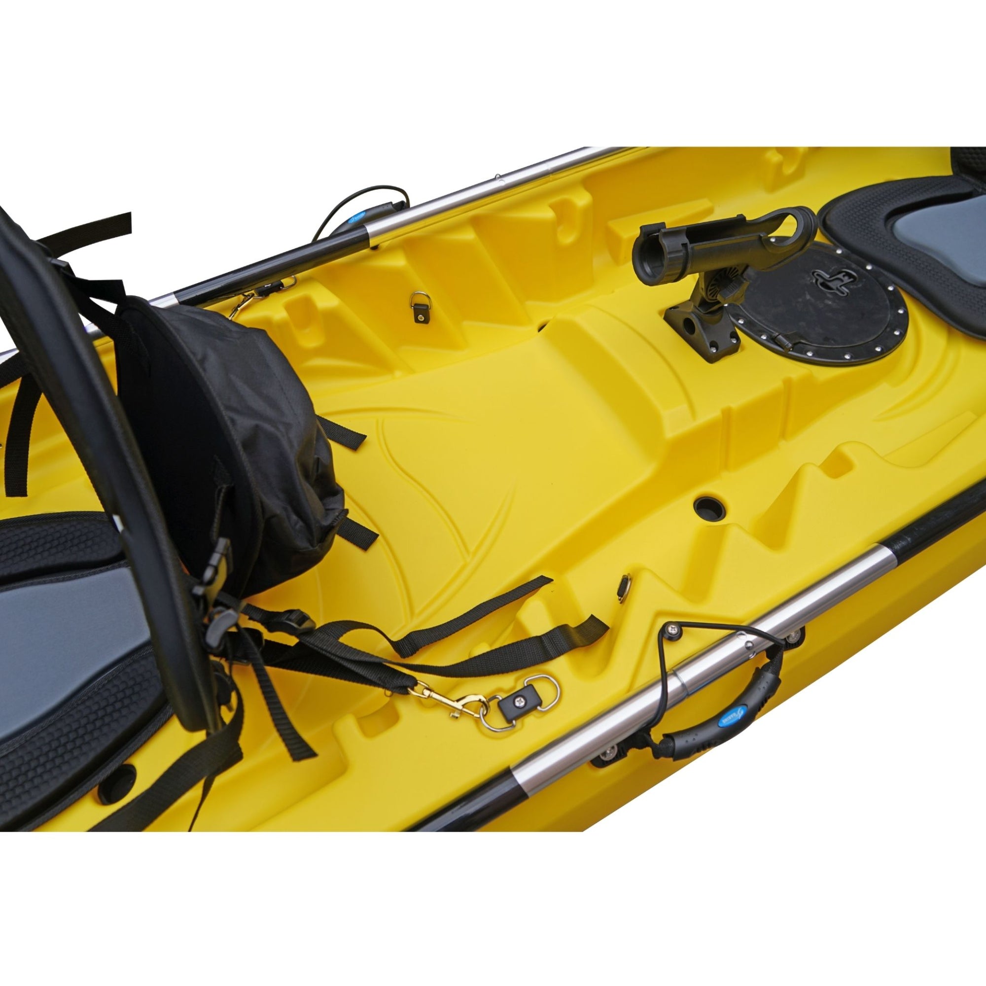 Cambridge Kayaks Sunfish Double Fishing Kayak in yellow, mid-deck close-up showing seat fittings, rod holders and moulded footrests used for fishing trips in the UK.