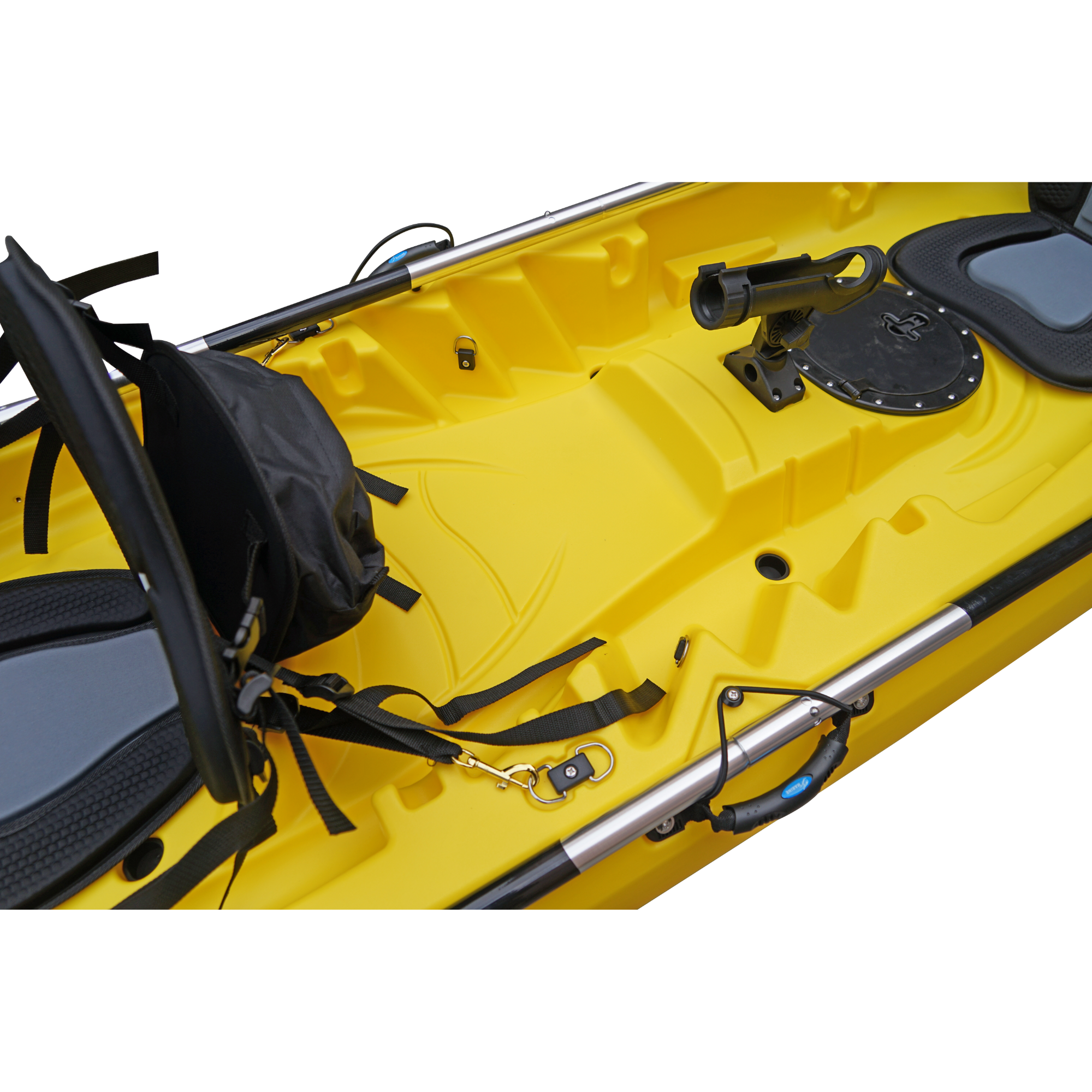 Cambridge Kayaks Sunfish Double Fishing Kayak in yellow, mid-deck close-up showing seat fittings, rod holders and moulded footrests used for fishing trips in the UK.