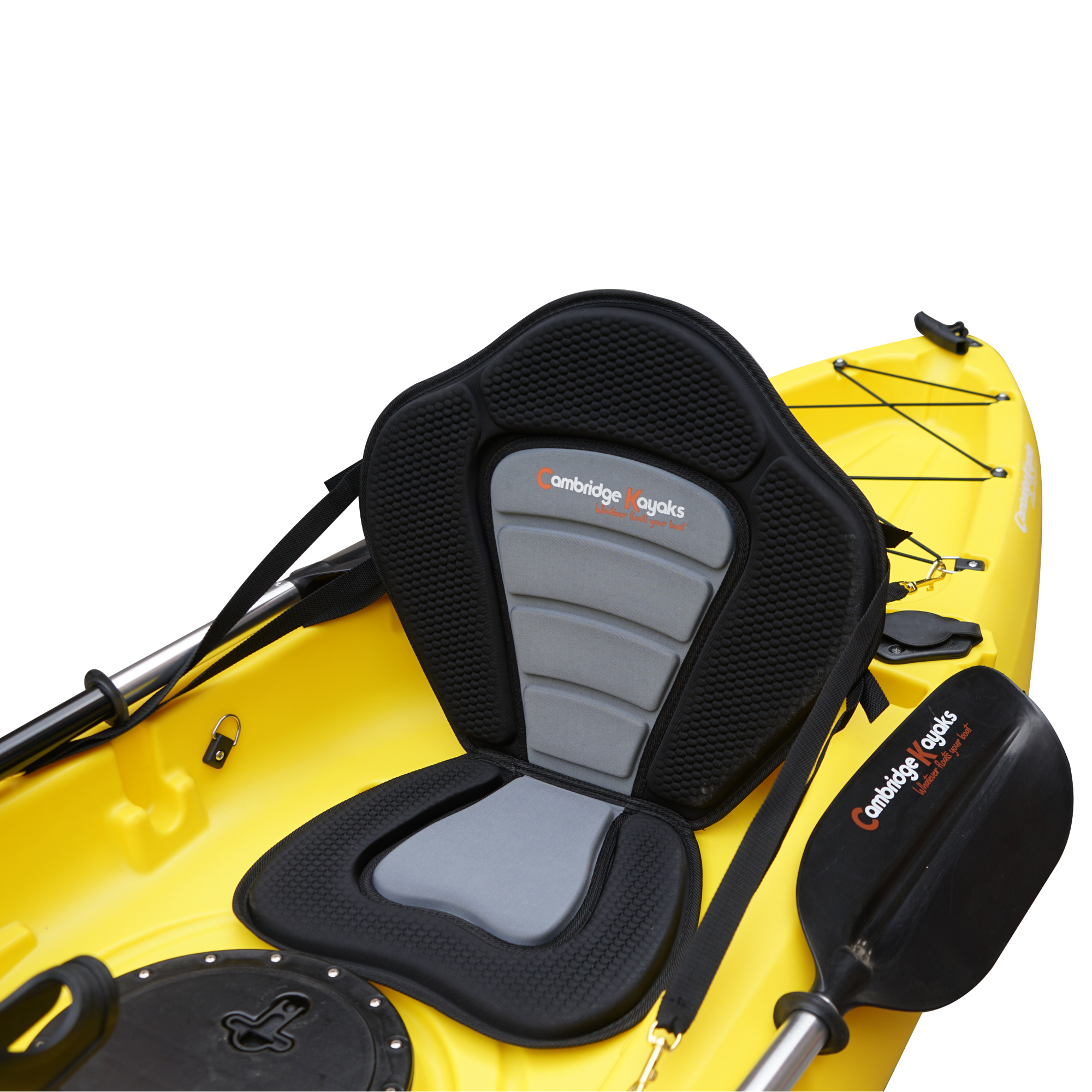 Cambridge Kayaks Sunfish Double Fishing Kayak in yellow finish, full overhead image showing hull outline, twin seating and deck fittings for leisure or angling in UK waters.