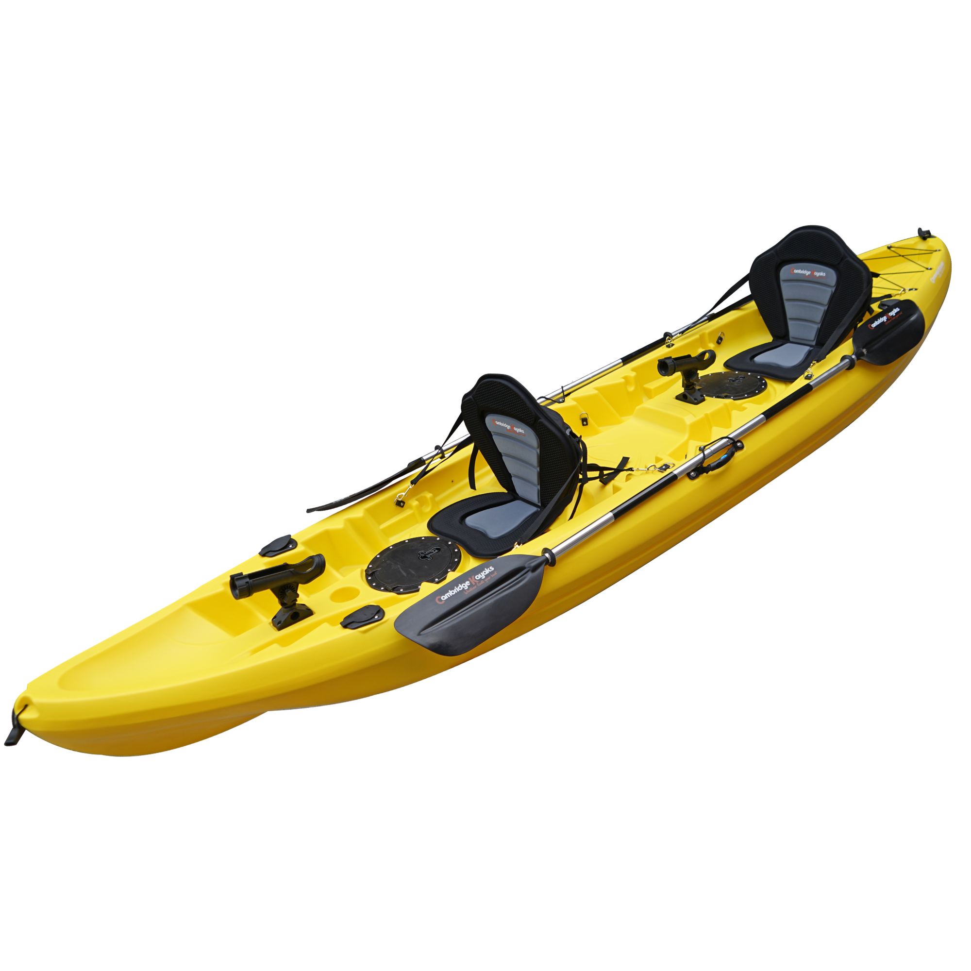Cambridge Kayaks Sunfish Double Fishing Kayak in yellow colour, rear-to-front angle displaying cargo storage area with bungee cords and drainage plugs for UK paddlers.