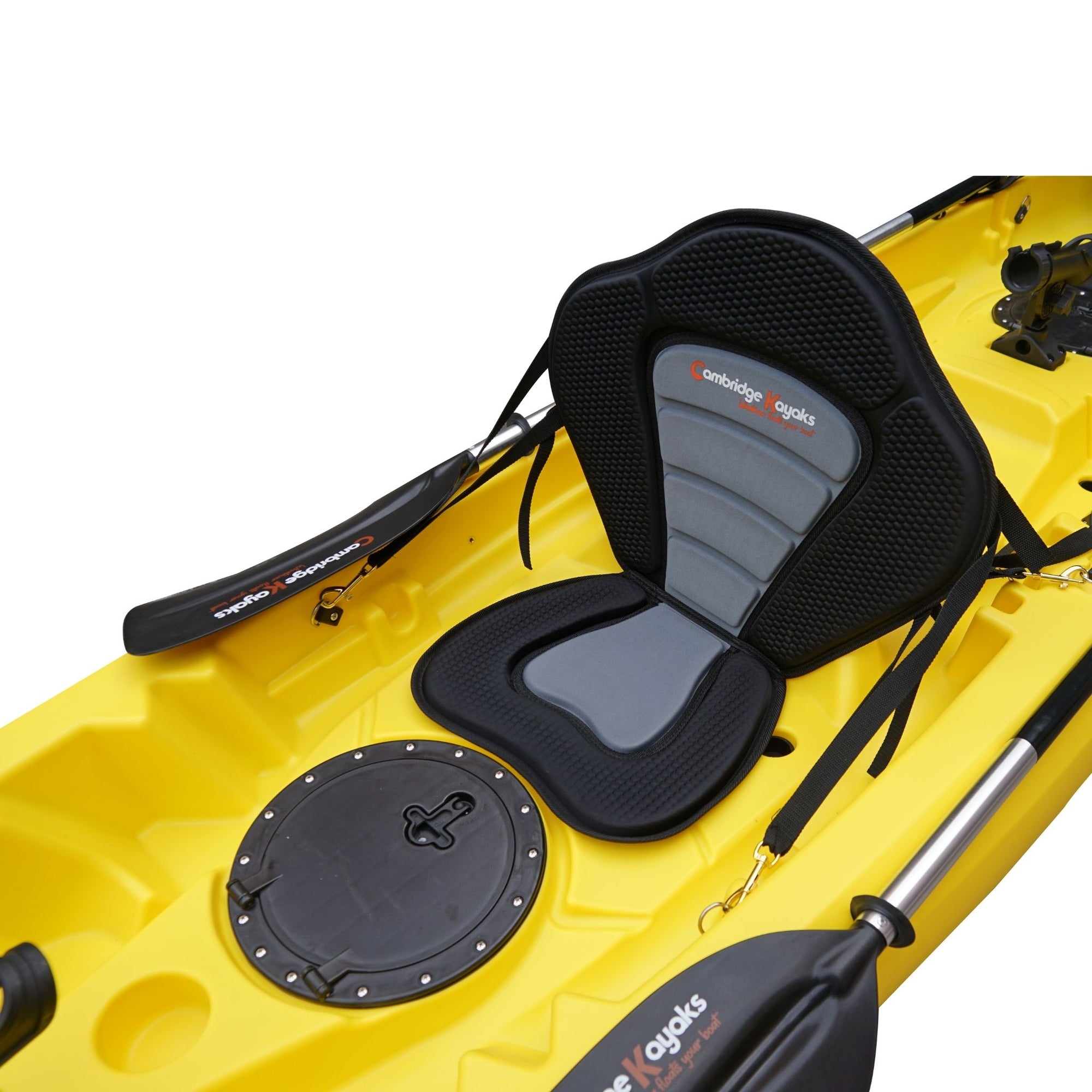 Cambridge Kayaks Sunfish Double Fishing Kayak in yellow, side profile displaying full hull length, paddle clips and twin seating layout suited for UK fishing or leisure.