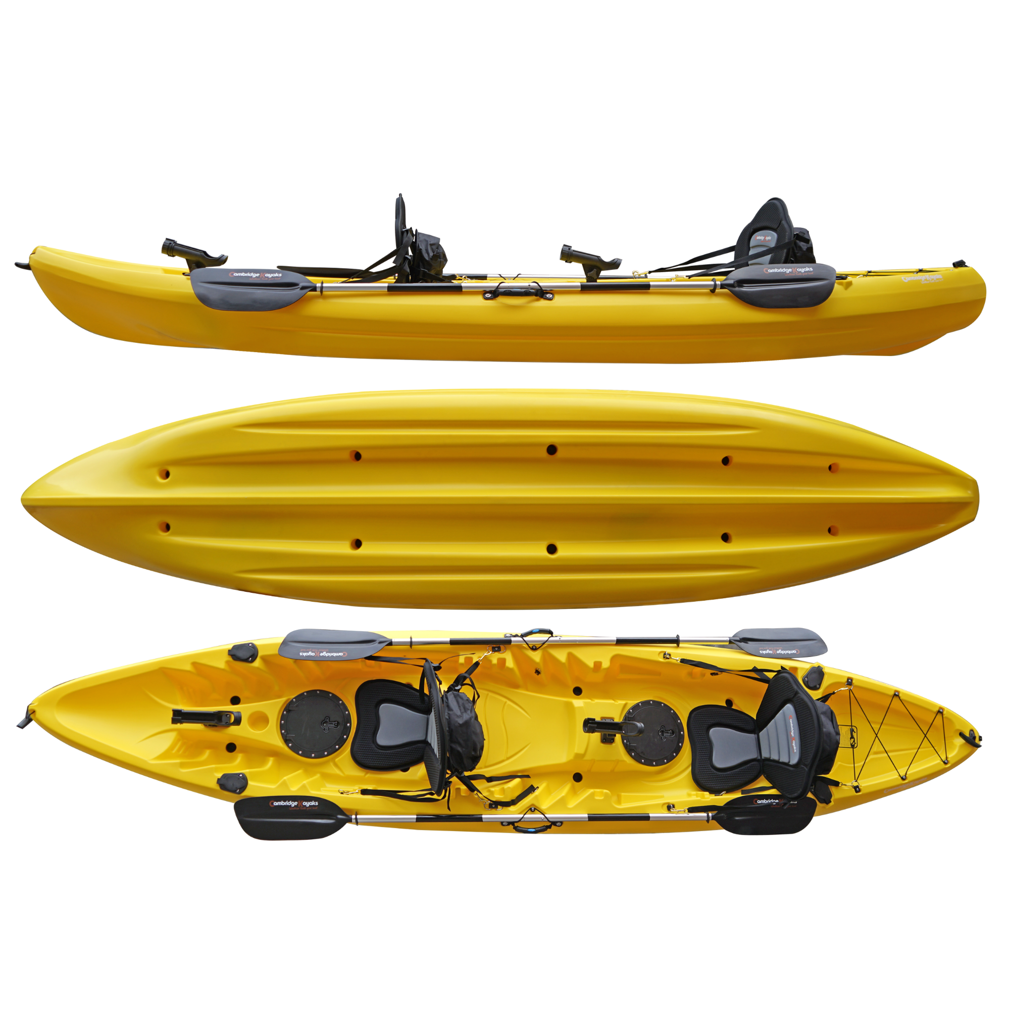 Cambridge Kayaks Sunfish Double Fishing Kayak in bright yellow finish, overhead image showing twin seat arrangement and deck details for family leisure kayaking in UK waters.