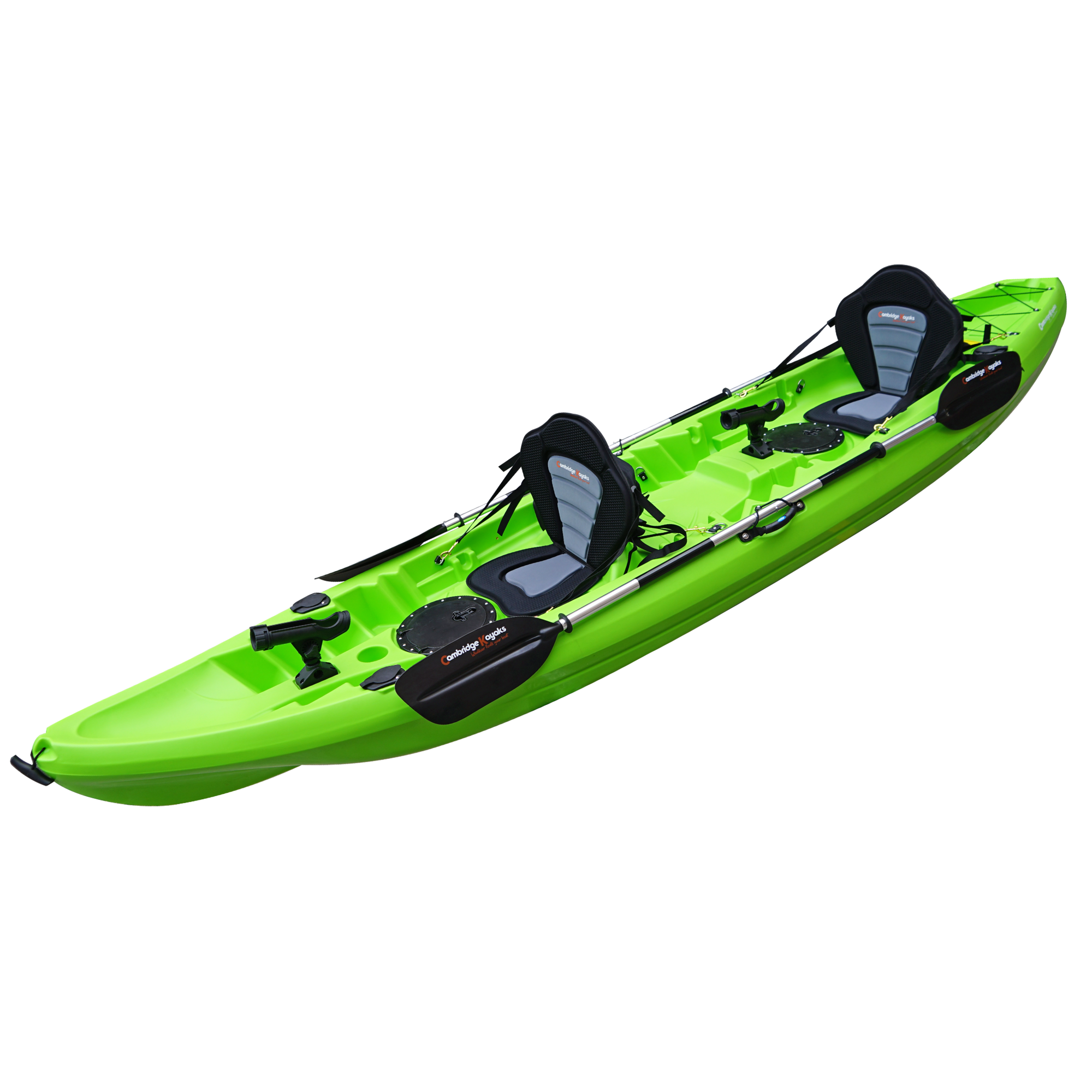 The Cambridge Kayaks Sunfish Leisure Double Fishing Kayak in vibrant green, featuring two deluxe padded seats, dual paddles, and integrated fishing rod holders. Designed for comfort and performance, it’s ideal for tandem adventures on lakes, rivers, or coastal waters.