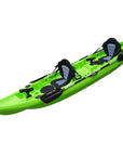 The Cambridge Kayaks Sunfish Leisure Double Fishing Kayak in vibrant green, featuring two deluxe padded seats, dual paddles, and integrated fishing rod holders. Designed for comfort and performance, it’s ideal for tandem adventures on lakes, rivers, or coastal waters.