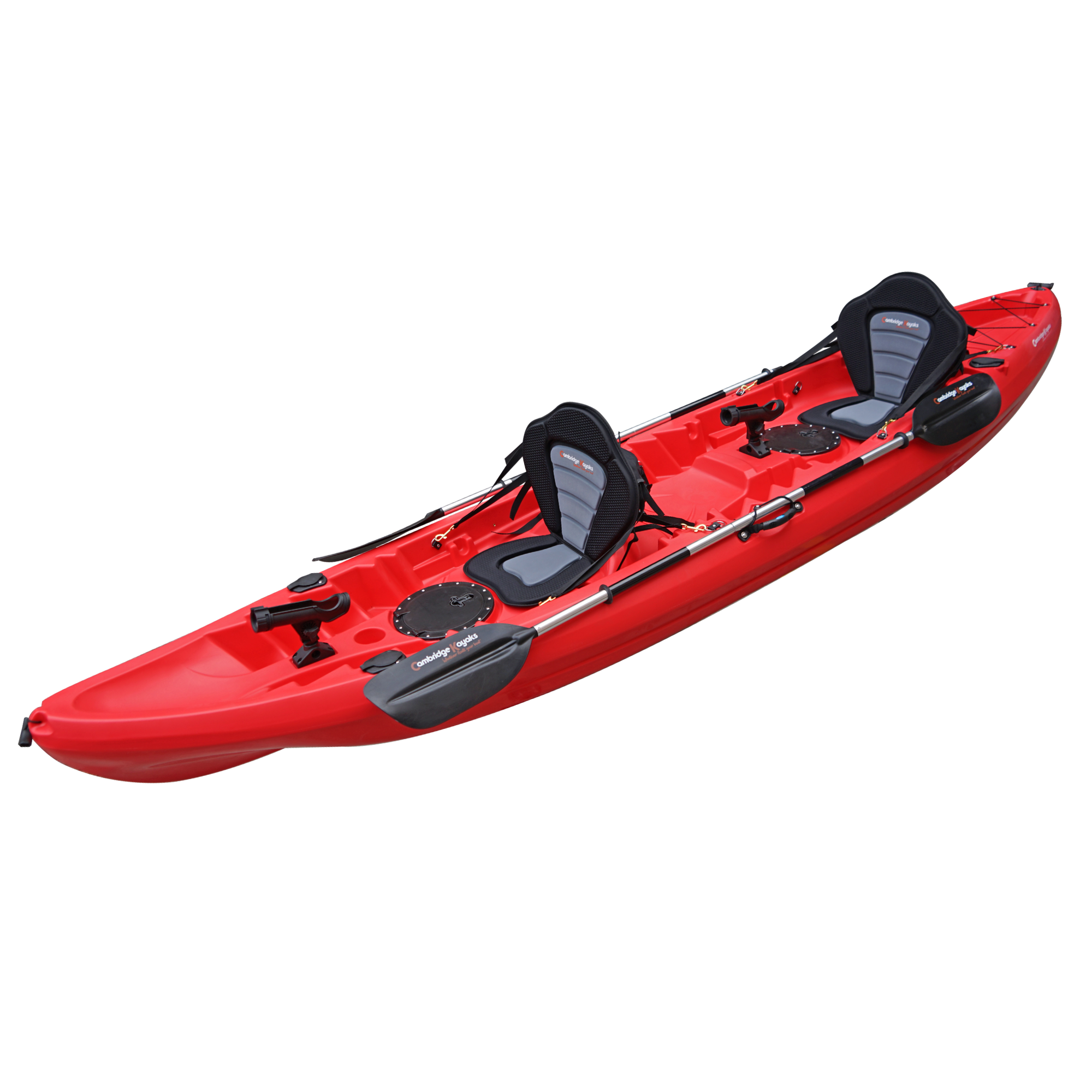 The Cambridge Kayaks Sunfish Leisure Double Fishing Kayak in striking red, equipped with two padded seats, storage hatches, and paddle holders. Perfect for family outings or fishing trips, combining stability, durability, and sleek design.