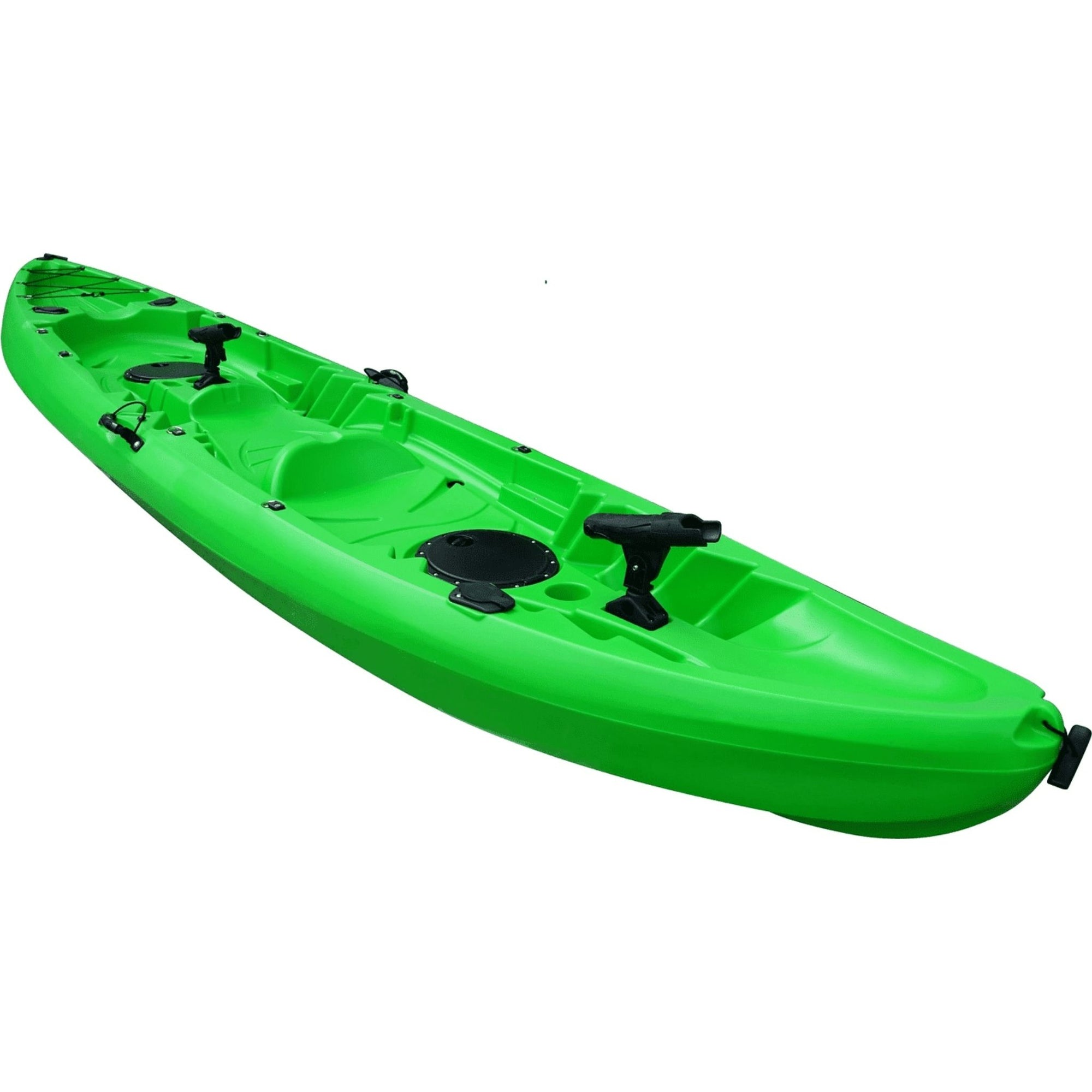 Cambridge Kayaks Sunfish leisure double fishing kayak in lime green, featuring twin molded seats, dual fishing rod holders, and watertight hatches — durable tandem kayak ideal for family paddling and angling on UK lakes and coastal waters.