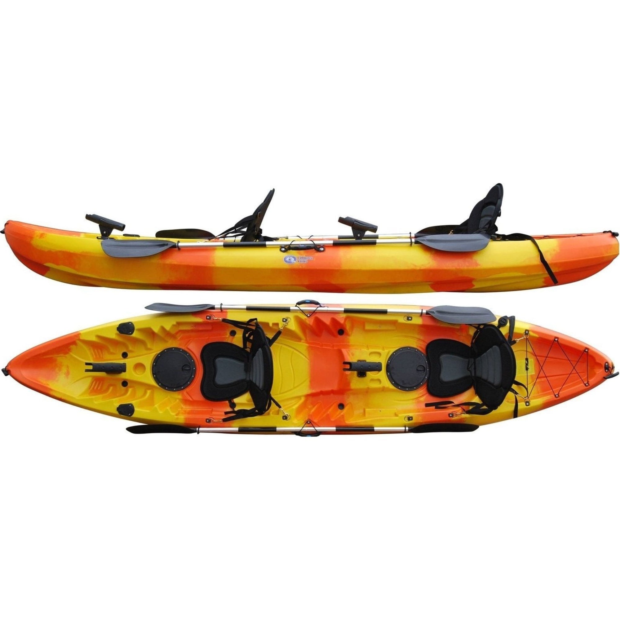Cambridge Kayaks Sunfish leisure double fishing kayak in orange and yellow fade, shown from top and side views with padded backrests, fishing rod mounts, and rear bungee storage — a stable tandem kayak for sea or river adventures in the UK.