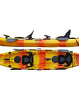 Cambridge Kayaks Sunfish leisure double fishing kayak in orange and yellow fade, shown from top and side views with padded backrests, fishing rod mounts, and rear bungee storage — a stable tandem kayak for sea or river adventures in the UK.