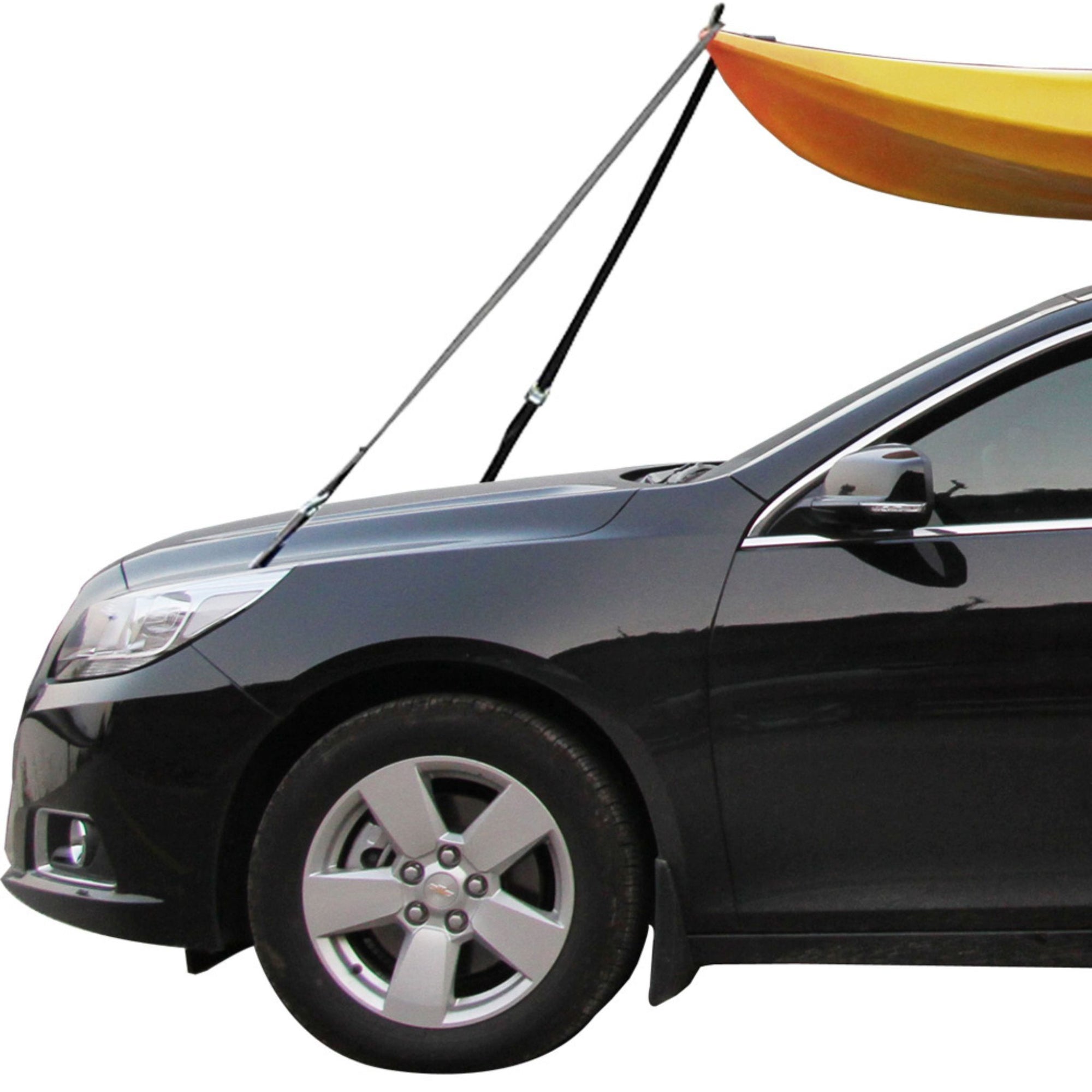 Kayak secured to car using Cambridge Kayaks Bonnet and Boot Tie-Down Strap system, showing the front of the vehicle with straps attached to the kayak for stable roof transport.