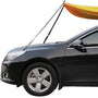 Kayak secured to car using Cambridge Kayaks Bonnet and Boot Tie-Down Strap system, showing the front of the vehicle with straps attached to the kayak for stable roof transport.