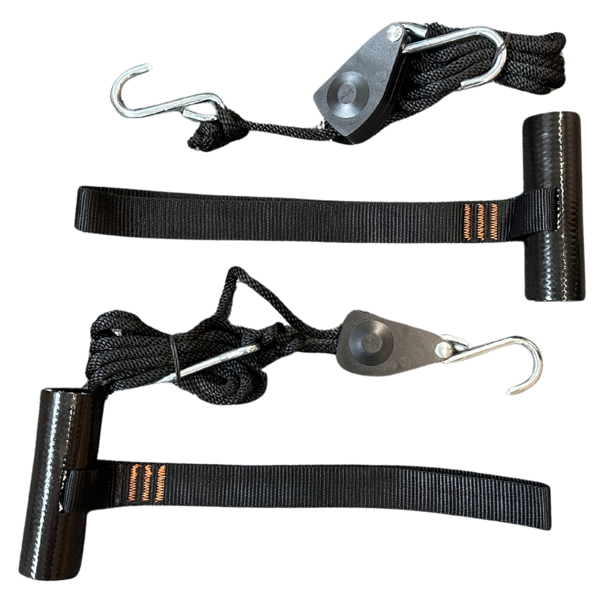 Cambridge Kayaks tie-down bonnet and boot strap set, featuring durable black webbing straps with coated metal hooks and pulley system for securing kayaks to vehicles.