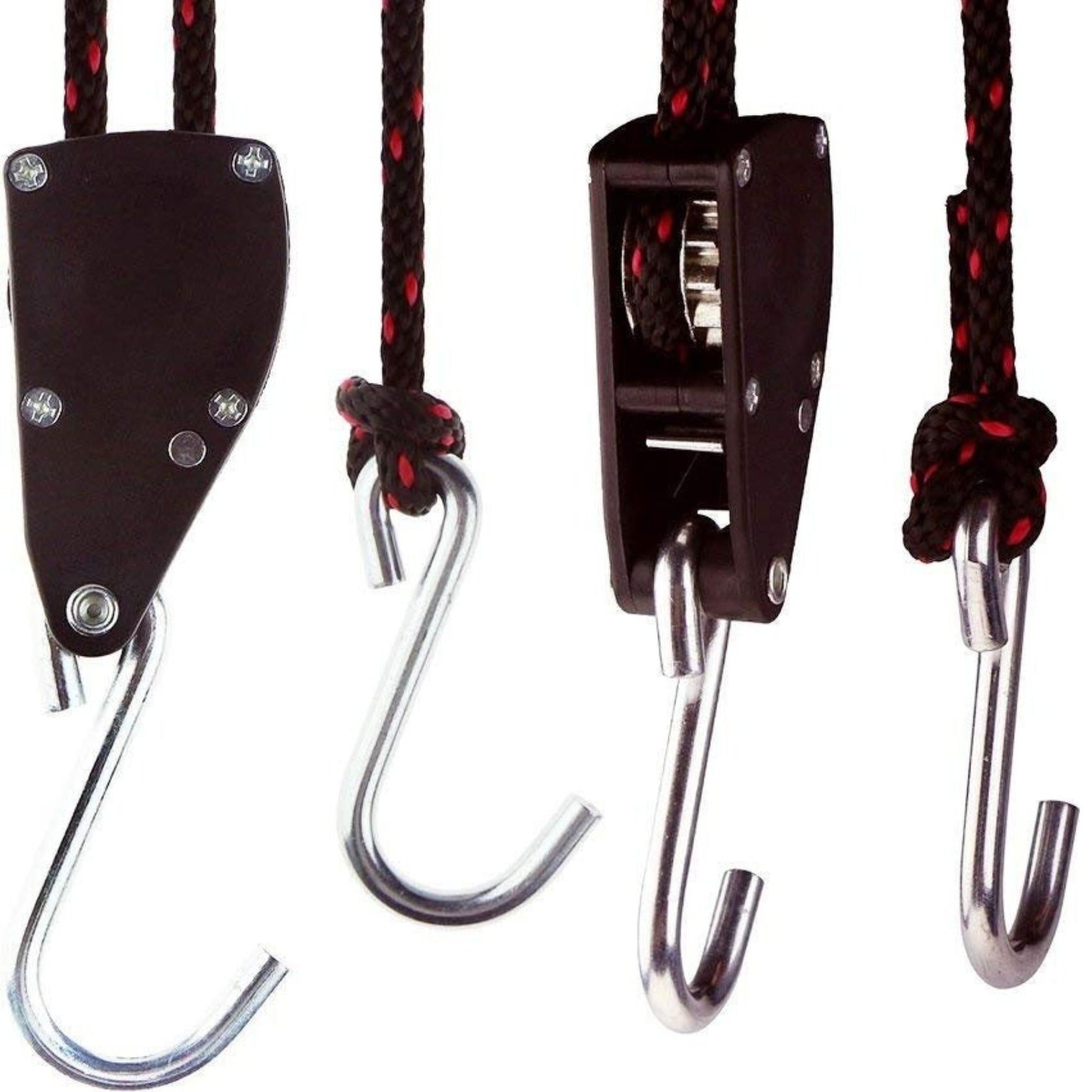 Close-up of the dual hook and pulley system of the Cambridge Kayaks tie down strap, showing metal hooks and durable braided rope construction.