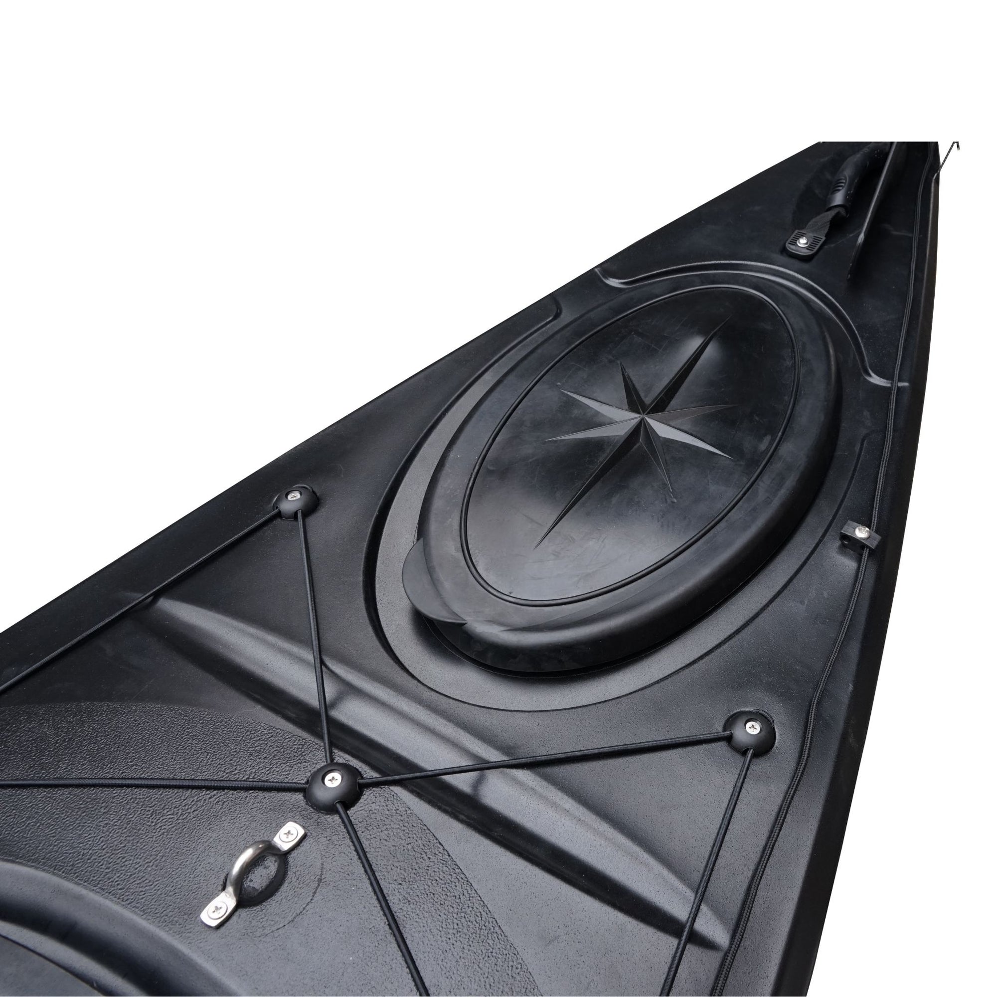 Cambridge Kayaks touring kayak in black, front angled view showing long sleek hull design for speed and efficient paddling.
