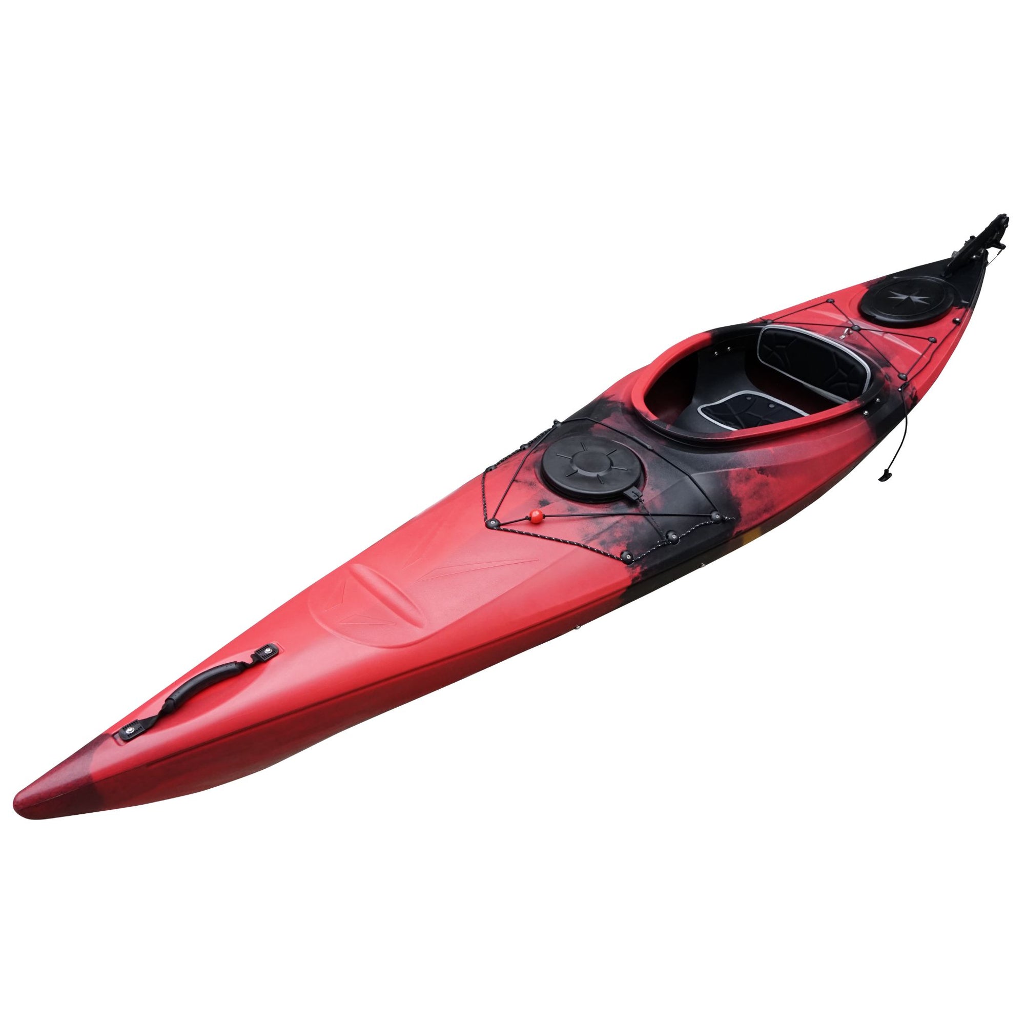 Cockpit view of the Cambridge Kayaks touring kayak in red black camo, showing spacious seating area and hatch design.