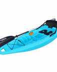 Front-angled view of the Cambridge Kayaks Trekker junior kayak in light blue, showing the spacious leg area, bungee cord system, and paddle setup — a lightweight, easy-to-use kayak for beginners.