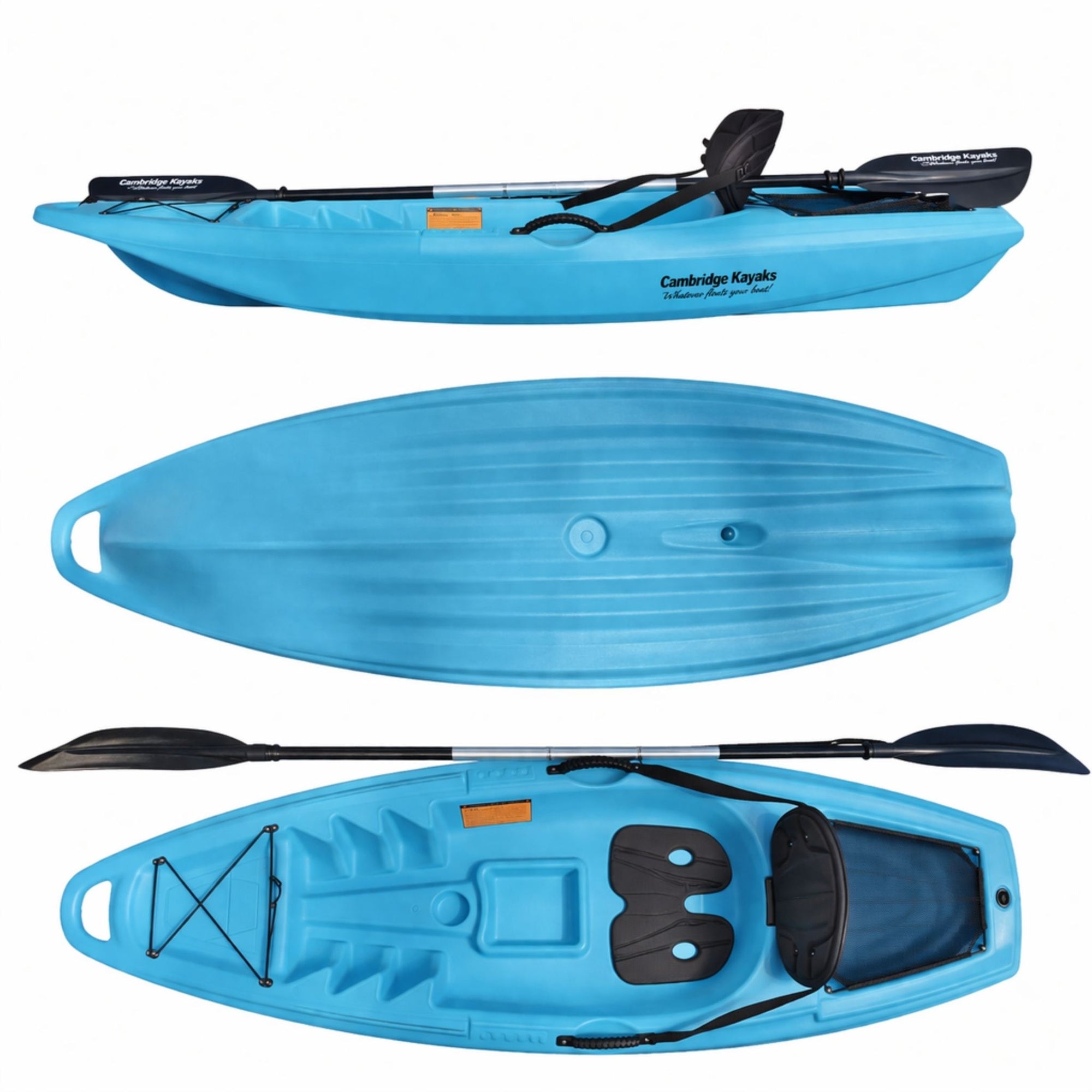Cambridge Kayaks Trekker Junior sit on top kayak blue full top and hull view with paddle