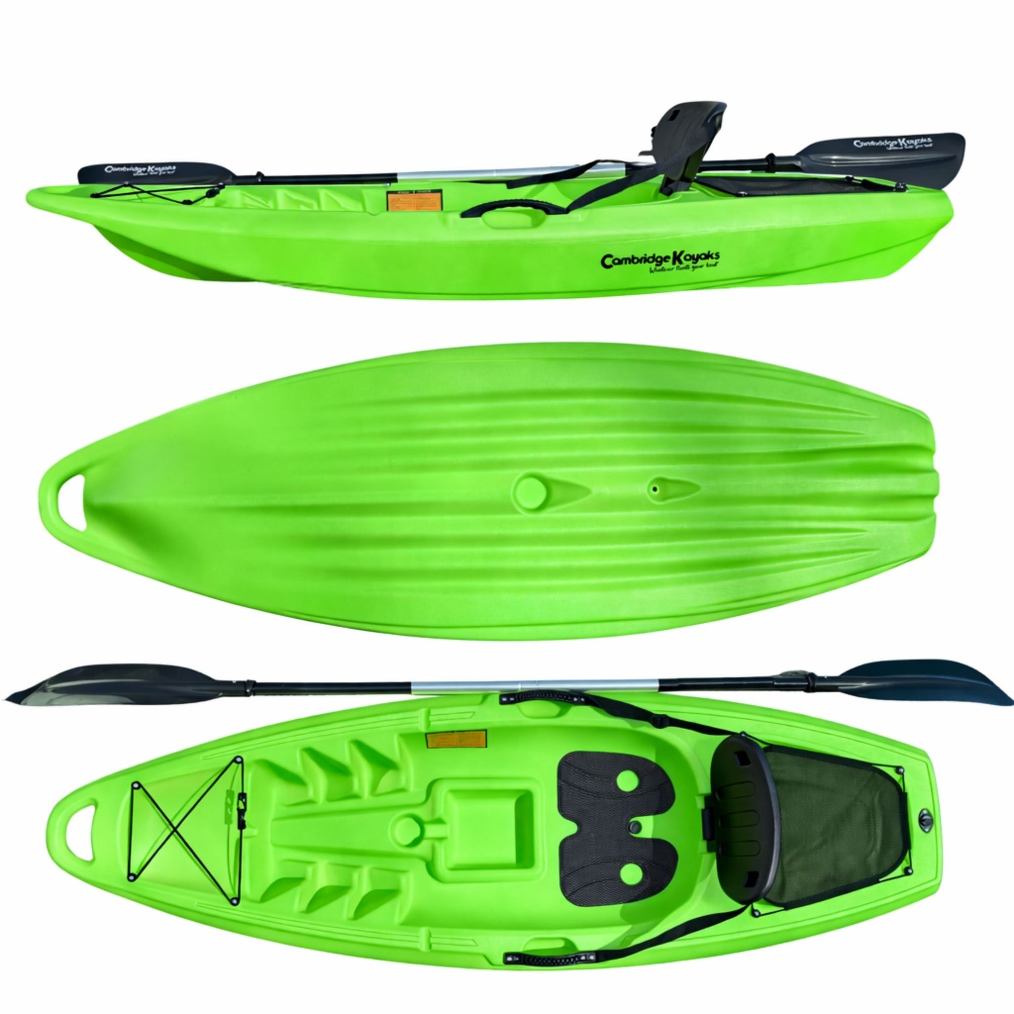Cambridge Kayaks Trekker Junior sit on top kayak green full top and underside view with paddle
