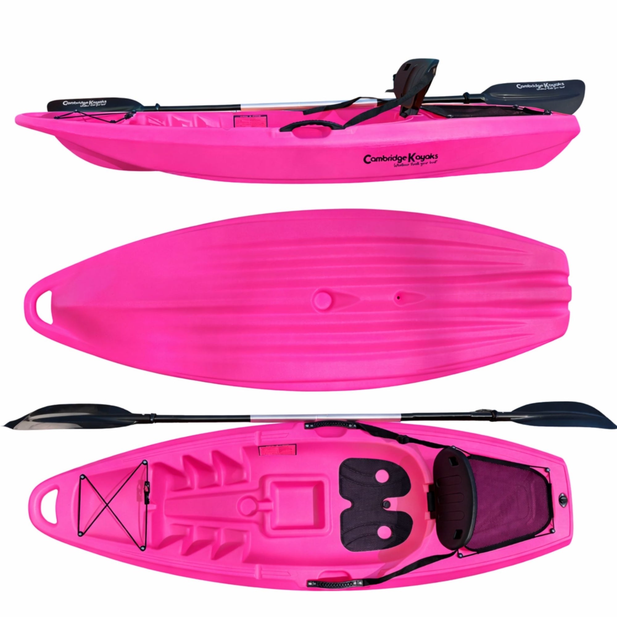 Cambridge Kayaks Trekker Junior sit on top kayak pink full top and hull view with paddle