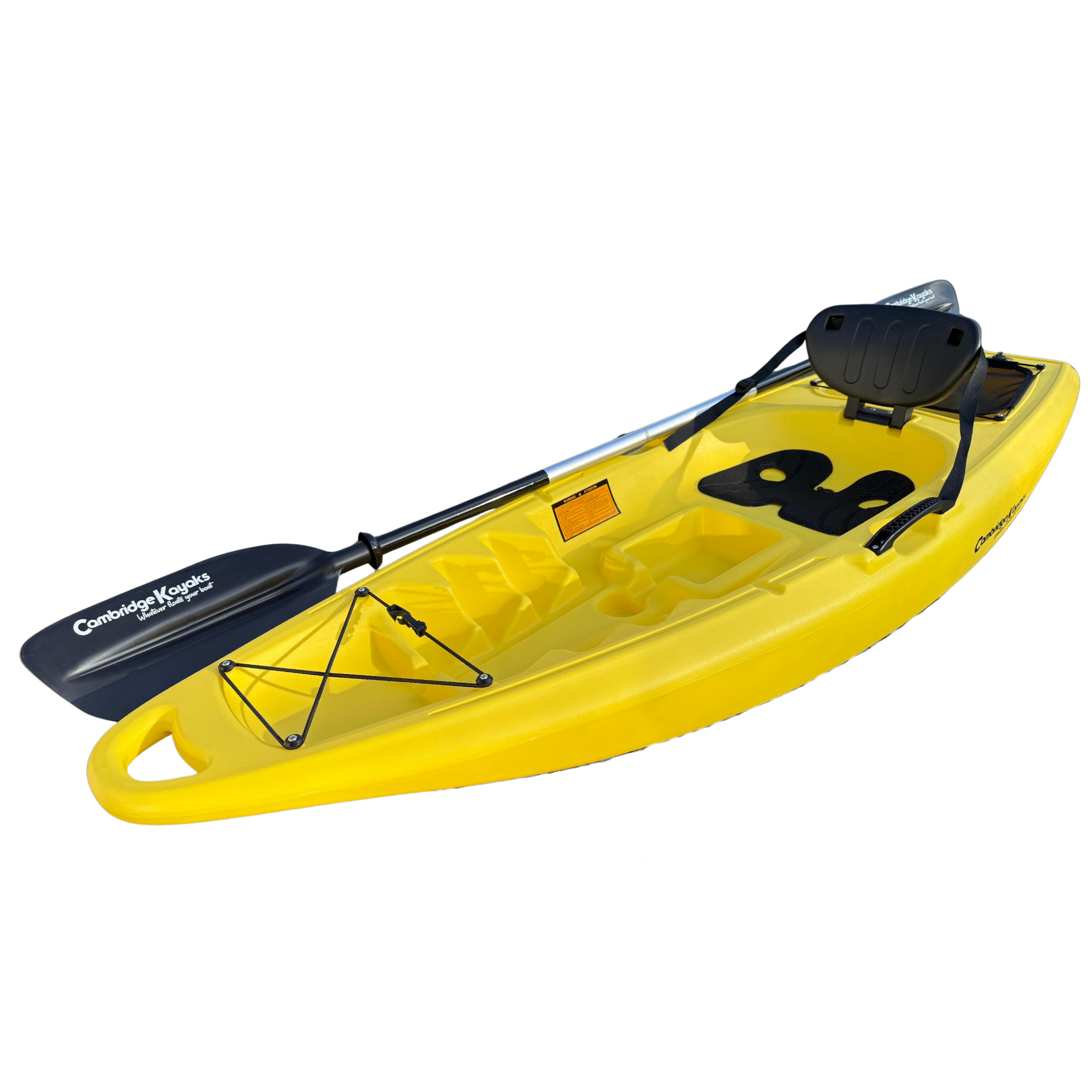 Front-angled view of the Cambridge Kayaks Trekker junior kayak in bright yellow, showing the spacious leg area, bungee cord system, and paddle setup — a lightweight, easy-to-use kayak for beginners.