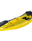 Front-angled view of the Cambridge Kayaks Trekker junior kayak in bright yellow, showing the spacious leg area, bungee cord system, and paddle setup — a lightweight, easy-to-use kayak for beginners.