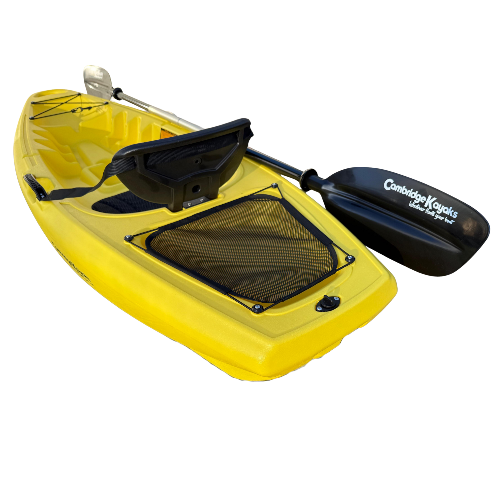 Angled rear view of the Cambridge Kayaks Trekker junior kayak highlighting the mesh rear storage area, supportive seat, and paddle resting along the hull, ideal for storing essentials during leisure paddling.