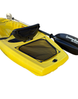 Angled rear view of the Cambridge Kayaks Trekker junior kayak highlighting the mesh rear storage area, supportive seat, and paddle resting along the hull, ideal for storing essentials during leisure paddling.