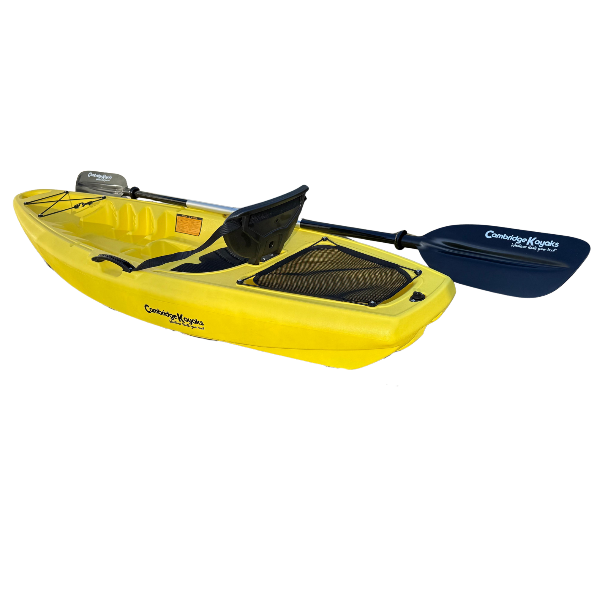 Full side view of the Cambridge Kayaks Trekker junior sit-on-top kayak in yellow, featuring a comfortable backrest, stable hull design, and lightweight paddle, perfect for kids learning to kayak on calm waters.