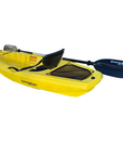Full side view of the Cambridge Kayaks Trekker junior sit-on-top kayak in yellow, featuring a comfortable backrest, stable hull design, and lightweight paddle, perfect for kids learning to kayak on calm waters.