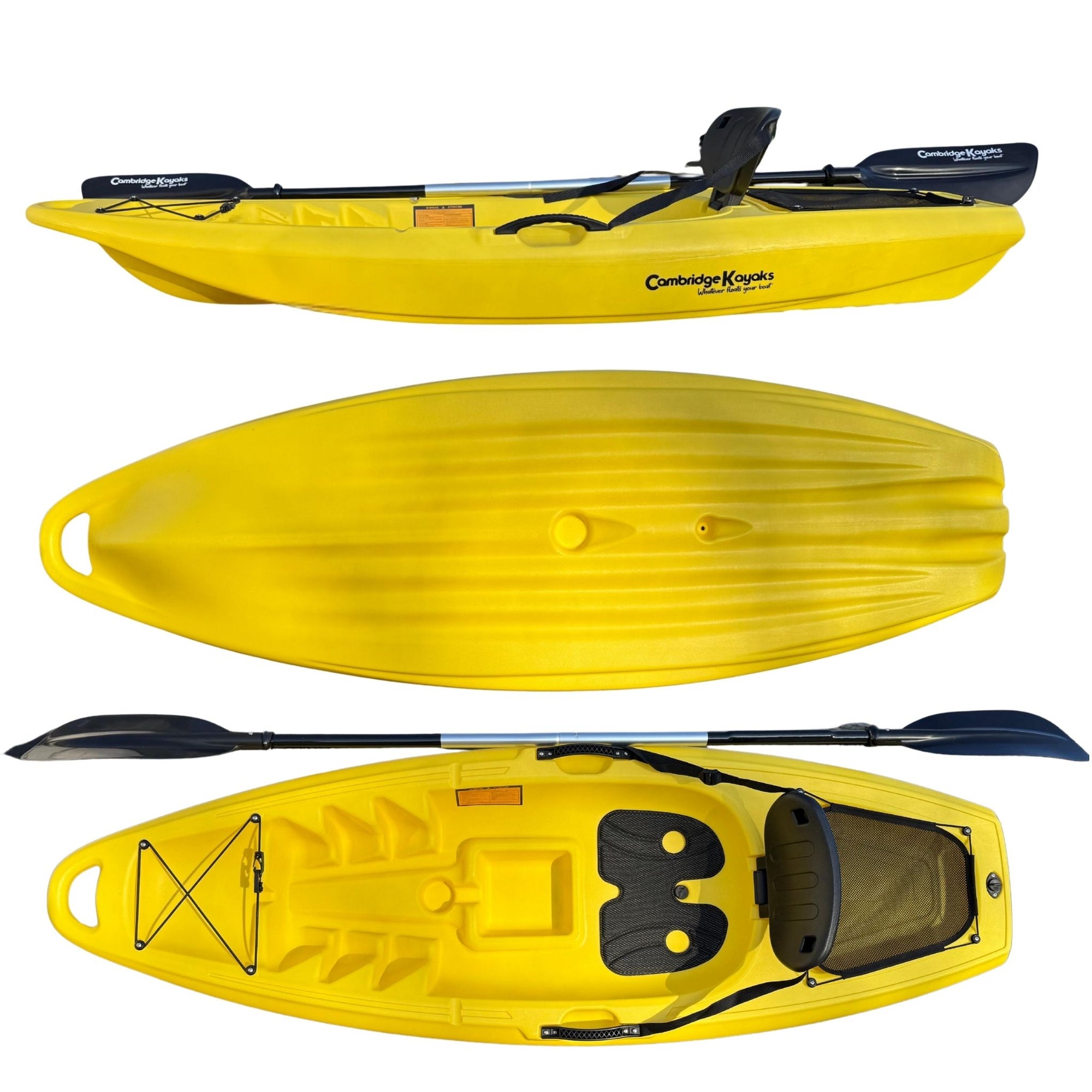 Top, side, and hull view of the Cambridge Kayaks Trekker junior sit-on-top kayak in yellow, displaying its durable construction, smooth contours, and reinforced underside for improved tracking and manoeuvrability.