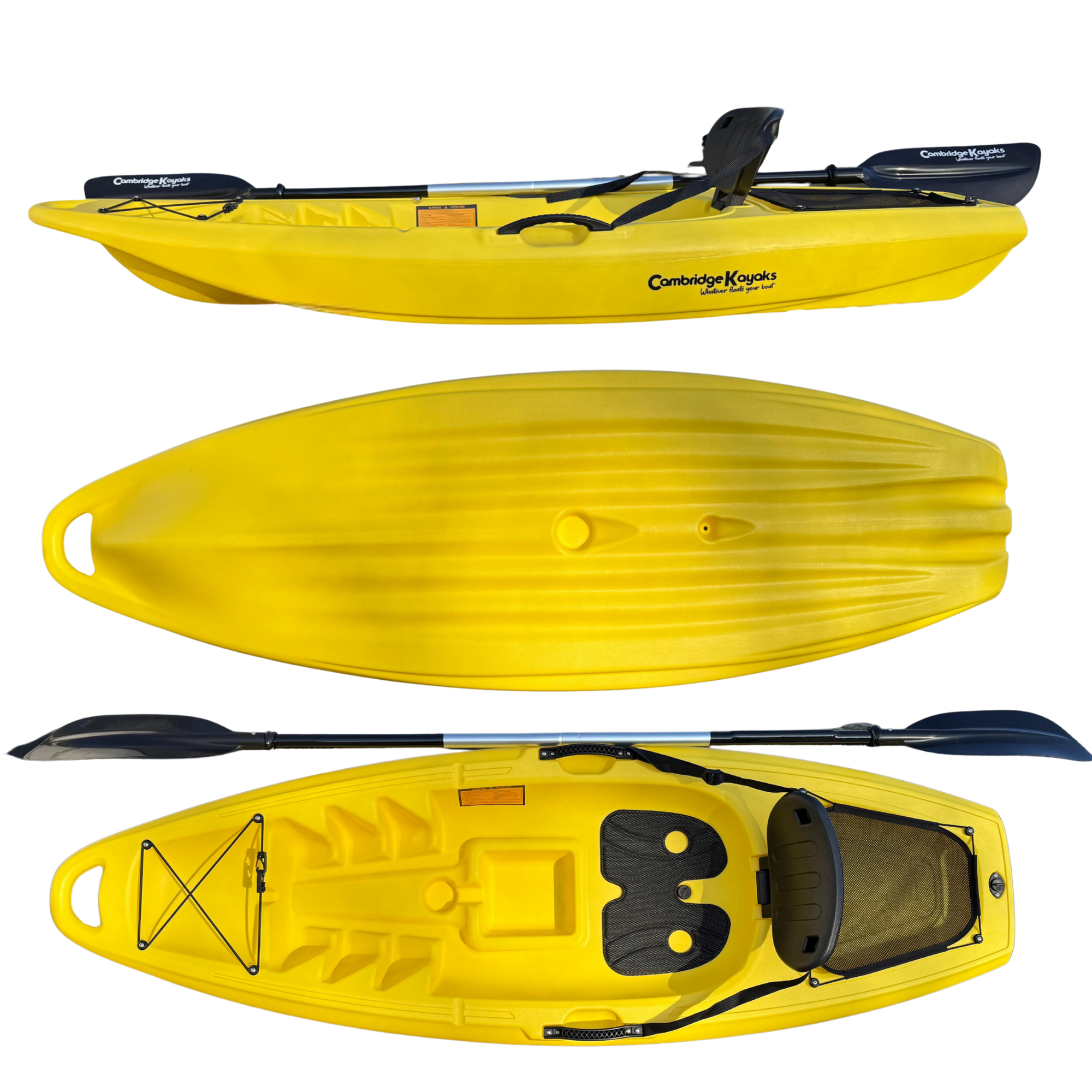 Top, side, and hull view of the Cambridge Kayaks Trekker junior sit-on-top kayak in yellow, displaying its durable construction, smooth contours, and reinforced underside for improved tracking and manoeuvrability.