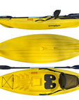 Top, side, and hull view of the Cambridge Kayaks Trekker junior sit-on-top kayak in yellow, displaying its durable construction, smooth contours, and reinforced underside for improved tracking and manoeuvrability.
