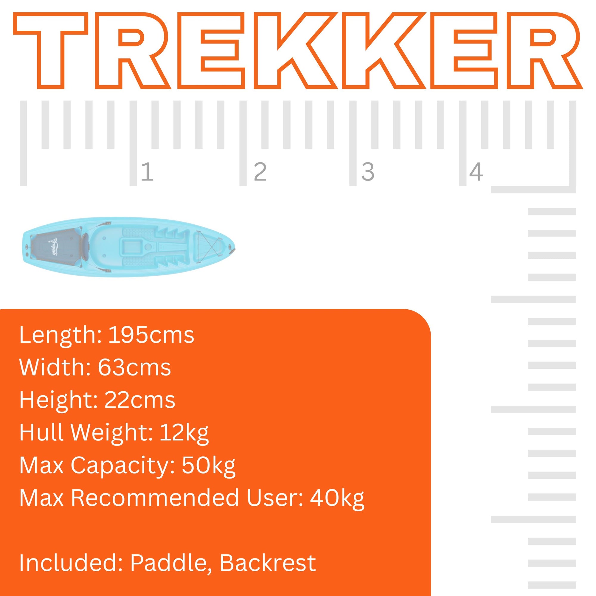 Cambridge Kayaks Trekker kids kayak specifications chart showing blue kayak with dimensions: length 195 cm, width 63 cm, height 22 cm, hull weight 12 kg, max capacity 50 kg, and recommended user weight 40 kg. Includes paddle and backrest.
