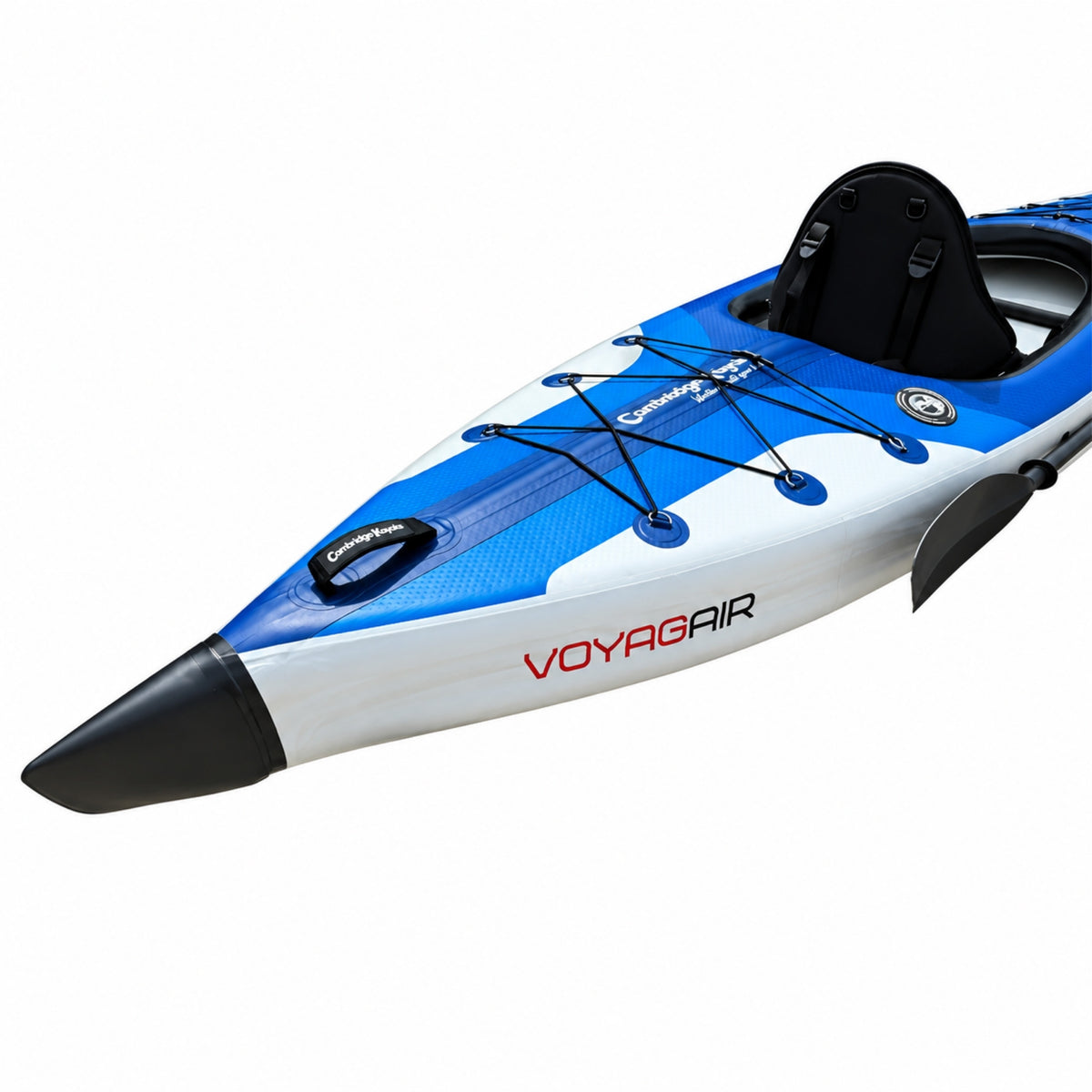 Cambridge Kayaks Voyagair 1 blue inflatable kayak front bow and bungee storage area