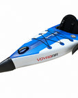 Cambridge Kayaks Voyagair 1 blue inflatable kayak front bow and bungee storage area