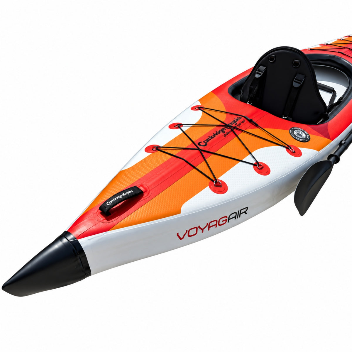 Cambridge Kayaks Voyagair 1 orange single inflatable kayak front bow and storage area