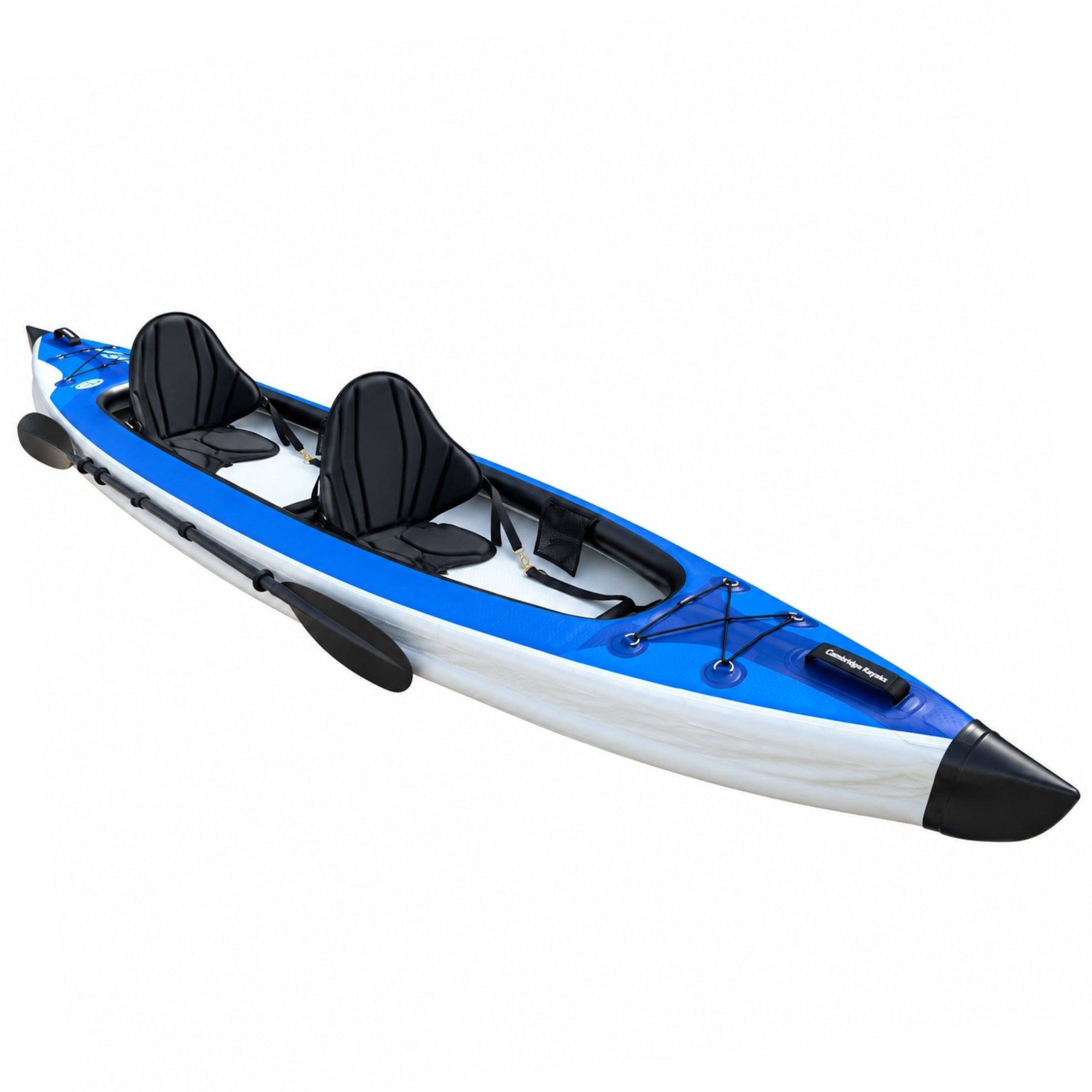 Overhead view of the blue Cambridge Kayaks VoyagAir 2 double inflatable kayak with two seats and paddles