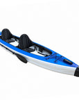 Overhead view of the blue Cambridge Kayaks VoyagAir 2 double inflatable kayak with two seats and paddles