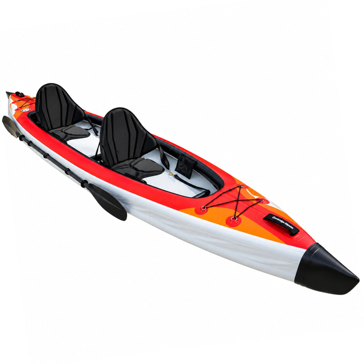 Cambridge Kayaks VoyagAir 2 orange double inflatable touring kayak with two padded seats and paddles