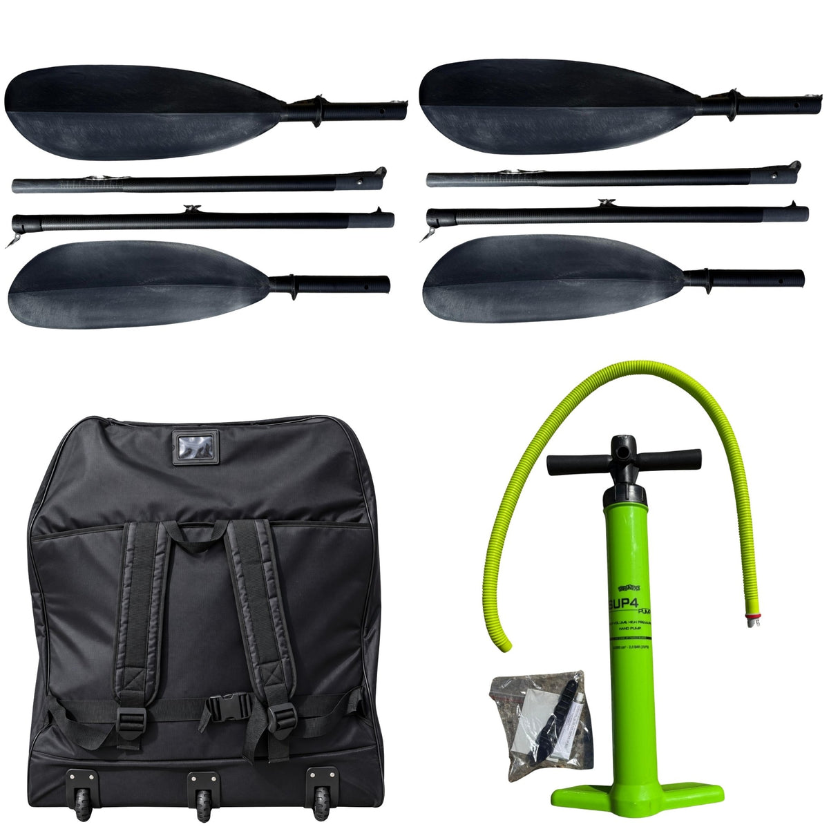 Cambridge Kayaks VoyagAir 2 inflatable kayak accessories including two paddles, hand pump, hose, wheeled carry bag and repair kit